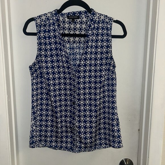 Notations Blue Geometric Sleeveless Reverse Pattern Button Up Blouse Small - Picture 2 of 7